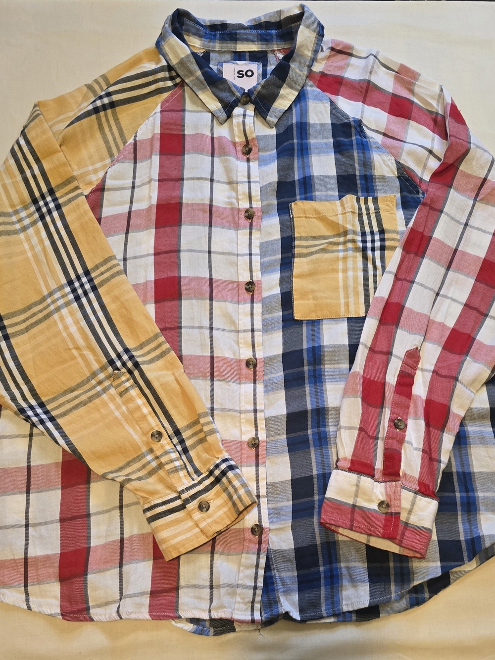SO Colorblock Plaid Button-Down Shirt - Yellow, Red, Blue